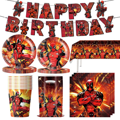 Décoration de fête d'anniversaire Deadpool pour enfants, fournitures de fête, sourire, héros, britannique, nappe, assiette, tasse, décoration de gâteau, faveurs pour garçons, nouveau