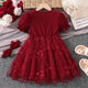 Robe d'été rouge pour filles de 4 à 7 ans, avec poignets à volants et jupe en tulle brodée de fleurs avec détails en nœuds, vêtements décontractés pour enfants