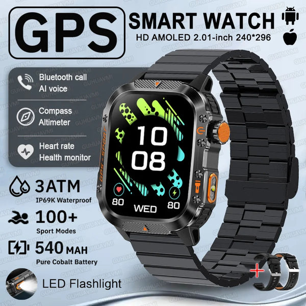 2025 nouveau GPS militaire Sports de plein air montre intelligente hommes 2.01 pouces AMOLED 3ATM IP69K étanche boussole appel natation Fitness Smartwatch