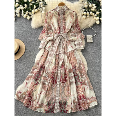Robe imprimée artistique française Printemps 2026 pour femme, coupe ajustée avec ceinture, manches longues, pour femme d'affaires, vacances, romantique, coupe trapèze, robe de soirée