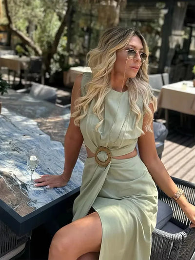 HH femmes taille ouverture conception robe solide col rond sans manches robes fendues mince femme élégante robe de soirée robes Mujer