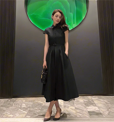 Robe française monochromatique à manches courtes pour femmes, robe parapluie, chemise noire à manches courtes, mode pour dames, Hepburn commPiedmont