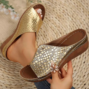 Sandales d'été de luxe pour femmes, chaussures d'été scintillantes, pantoufles à talons compensés, chaussures Mujer