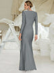 Robe de soirée de luxe pour femmes, élégante, col rond, manches longues, plis, taille haute, moulante, grise, Robe de soirée