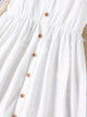 Robe d'été pour filles - Robe blanche décontractée à boutons, en tricot doux, jacquard ajouré élégant, manches bouffantes et ourlet à volants