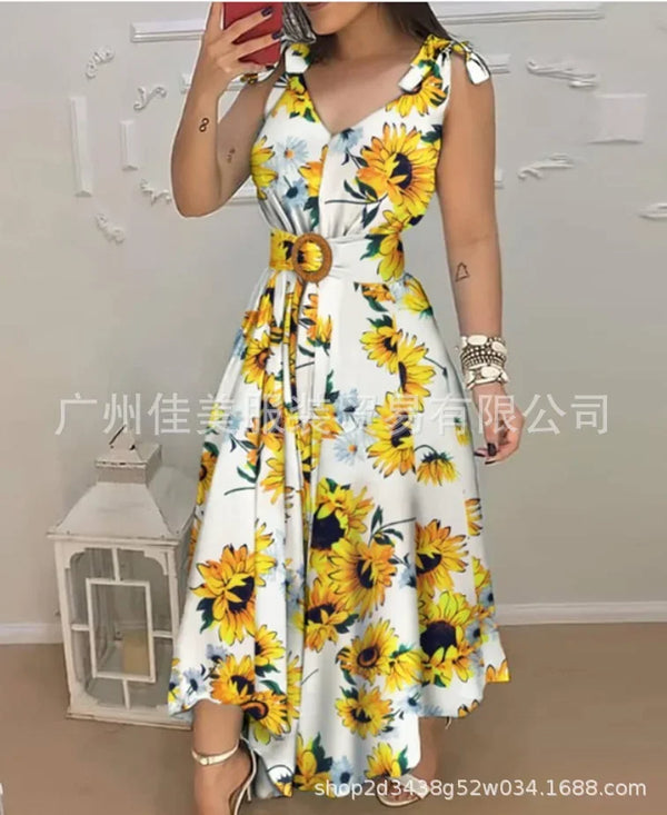 Robe mi-longue imprimée de fête, élégante, sans manches, col en V, dos nu, plis, ligne A, robes de bal, Camisole, été, 2023