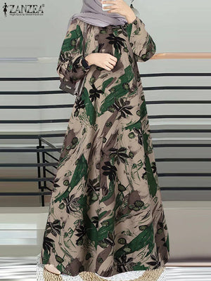 ZANZEA-Robe vintage élégante à manches longues pour femmes musulmanes, vêtements islamiques de Dubaï, imprimé floral, Turquie Abaya Hijab, robe d'été, 2024