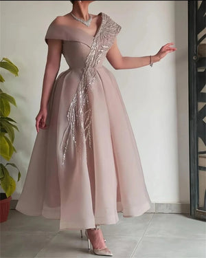 Robe de bal mi-longue en Organza pour femmes, épaules dénudées, ligne a, paillettes, manches courtes, personnalisée, robe de soirée formelle