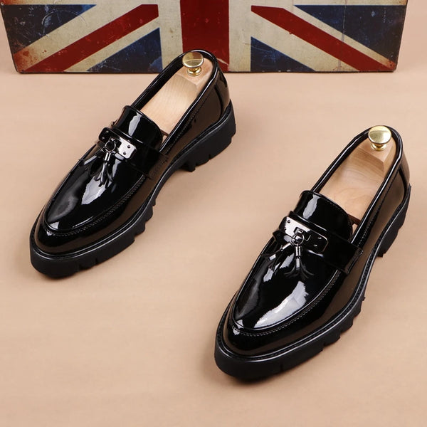 Robe de soirée de mariage pour hommes, chaussures en cuir verni, chaussures paresseuses à enfiler, mocassins à plateforme tendance noirs, baskets pour hommes zapatos