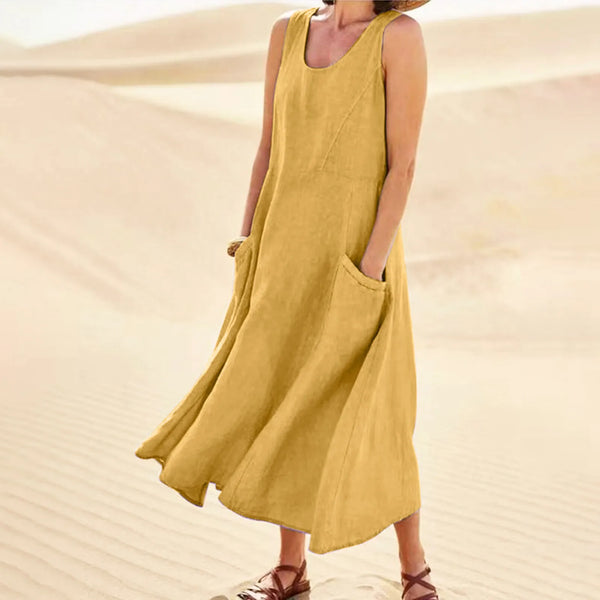 Robe longue vintage en coton et lin pour femme, tenue d'été solide, style bohème, avec poches, grande taille 5XL