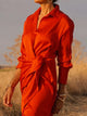 Robe chemise élégante en polyester pour femme, robe à revers, manches longues, taille nouée, robe maxi, document monochrome, nouveau, 2025
