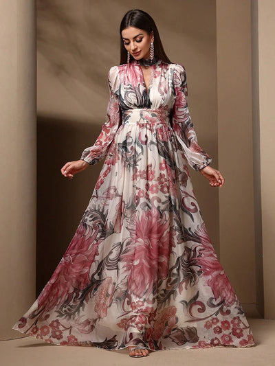 TOLEEN 2024 nouveau dans les femmes imprimé fleuri découpé à manches longues taille haute cravate dos décontracté élégant formel été Maxi robe