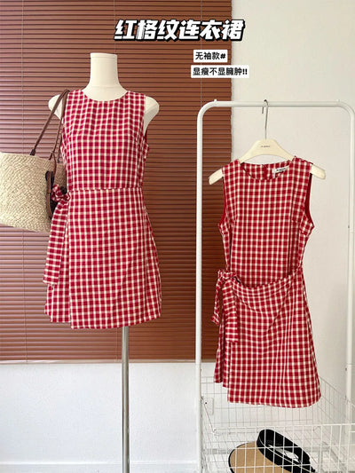 Robe trapèze à lacets pour femmes, robe de plage japonaise Harajuku, rouge nickel é à carreaux, col rond, robe de Rh, mode streetwear