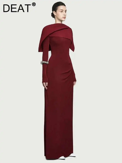 DEAT robe élégante plissée asymétrique Cape à manches longues contraste couleur femmes robes de soirée 2026 printemps nouveau 35Z1621