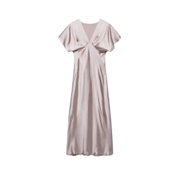 Femmes mode ajusté Satin robe mi-longue col en V à manches courtes robes féminines robes Mujer