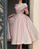 Robe de bal mi-longue en Organza pour femmes, épaules dénudées, ligne a, paillettes, manches courtes, personnalisée, robe de soirée formelle