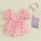 Robe barboteuse pour nouveau-né fille, 2 pièces, tenue de saint-valentin, manches courtes bouffantes, imprimé cœur, barboteuse trapèze avec bandeau à nœud papillon, vêtements