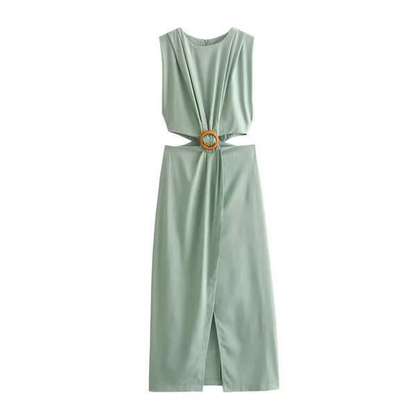 HH femmes taille ouverture conception robe solide col rond sans manches robes fendues mince femme élégante robe de soirée robes Mujer