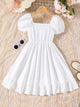 Robe d'été pour filles - Robe blanche décontractée à boutons, en tricot doux, jacquard ajouré élégant, manches bouffantes et ourlet à volants