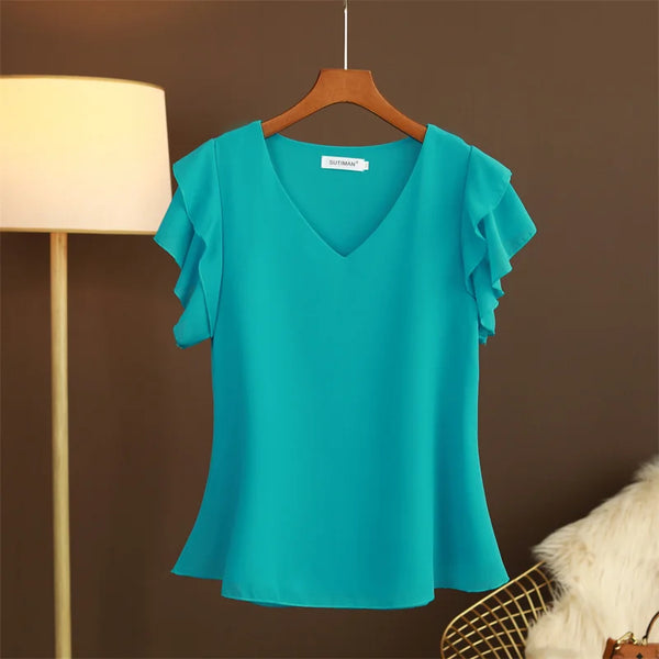 Robe d'été à la mode pour femmes, chemisier, haut, manches courtes, col en v, T-shirt en mousseline de soie, petite chemise ample et polyvalente, 2026