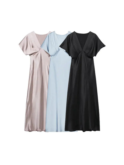 Femmes mode ajusté Satin robe mi-longue col en V à manches courtes robes féminines robes Mujer