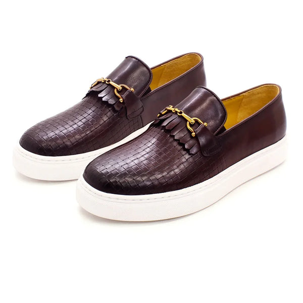Mocassins plats faits à la main pour hommes, chaussures décontractées en cuir, chaussures de soirée formelles, bouton en métal, motif tissé, rendez-vous de luxe