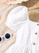 Robe d'été pour filles - Robe blanche décontractée à boutons, en tricot doux, jacquard ajouré élégant, manches bouffantes et ourlet à volants