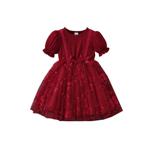 Robe d'été rouge pour filles de 4 à 7 ans, avec poignets à volants et jupe en tulle brodée de fleurs avec détails en nœuds, vêtements décontractés pour enfants