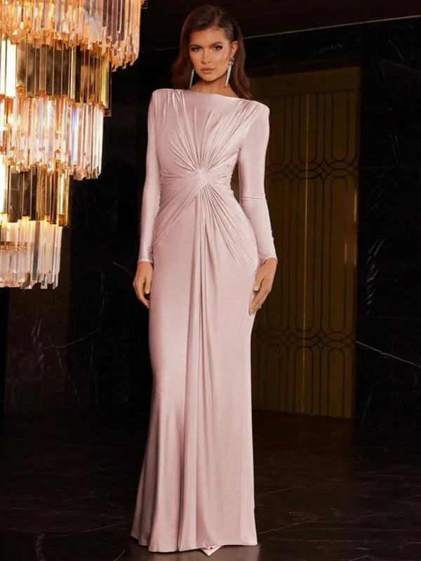 Robe de soirée de luxe pour femmes, élégante, col rond, manches longues, plis, taille haute, moulante, grise, Robe de soirée