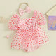 Robe barboteuse pour nouveau-né fille, 2 pièces, tenue de saint-valentin, manches courtes bouffantes, imprimé cœur, barboteuse trapèze avec bandeau à nœud papillon, vêtements