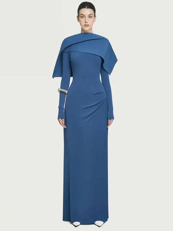 DEAT robe élégante plissée asymétrique Cape à manches longues contraste couleur femmes robes de soirée 2026 printemps nouveau 35Z1621