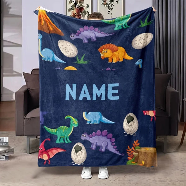 Couverture à motif de dinosaure personnalisé avec nom personnalisé, jeter en peluche douce, décor personnalisable, idéal pour la chambre à coucher et la salle de jeux, 1 pièce