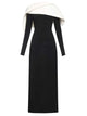 DEAT robe élégante plissée asymétrique Cape à manches longues contraste couleur femmes robes de soirée 2026 printemps nouveau 35Z1621